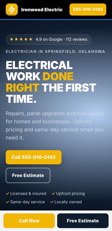 Sample contractor website on a phone